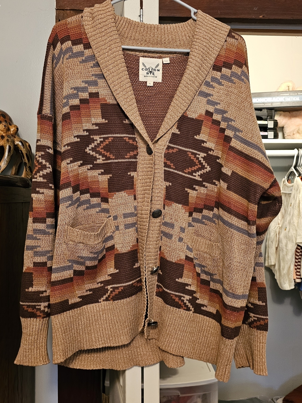 Women's Tan Aztec Shawl-Collar Cardigan
